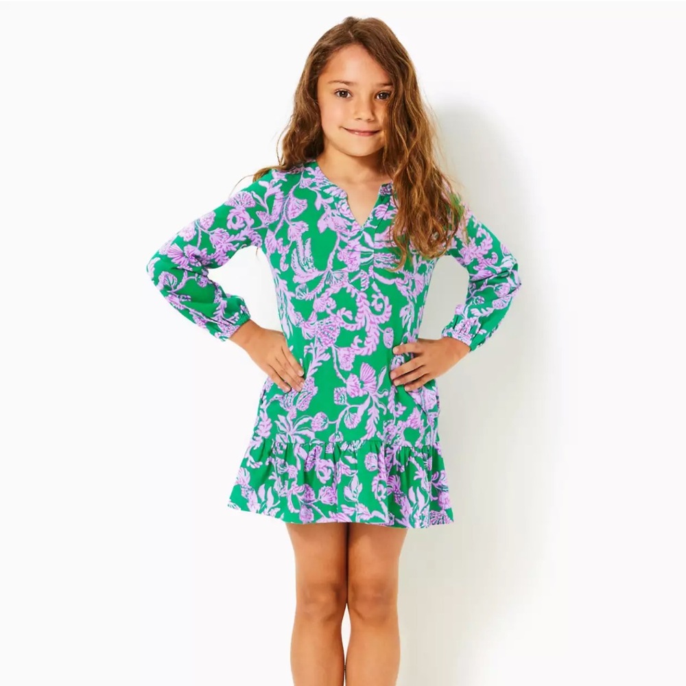 Lilly Pulitzer girls mini Alyssa dress- Green and Purple floral. Size 8/10 L